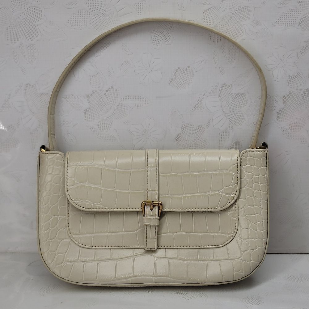 BY FAR Miranda Cream Crocodile-Embossed Shoulder Bag